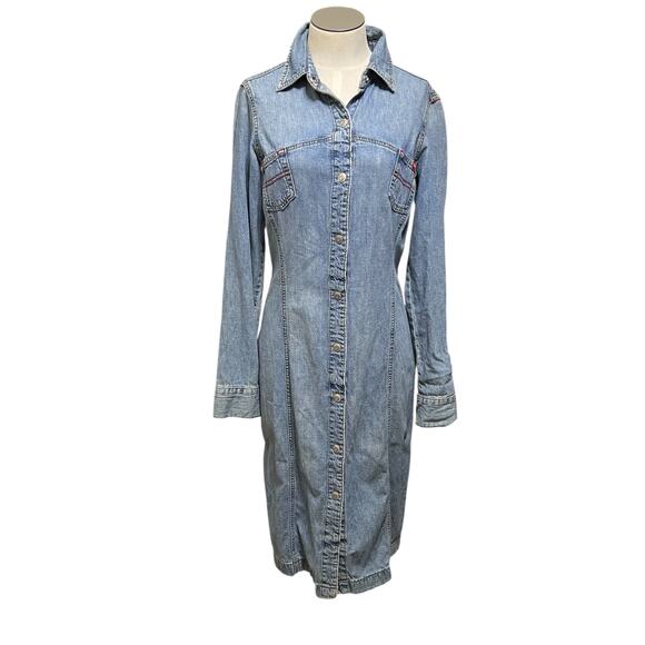 Guess Womens Vintage 90s Y2K Denim Snap Button Grunge Long Sleeve Dress Sz M - Picture 1 of 14